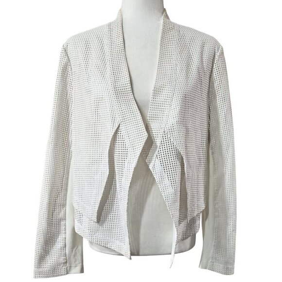 Chico's Faux Leather White Perforated Ponte Knit Mixed Media Open Front Jacket - Picture 1 of 11